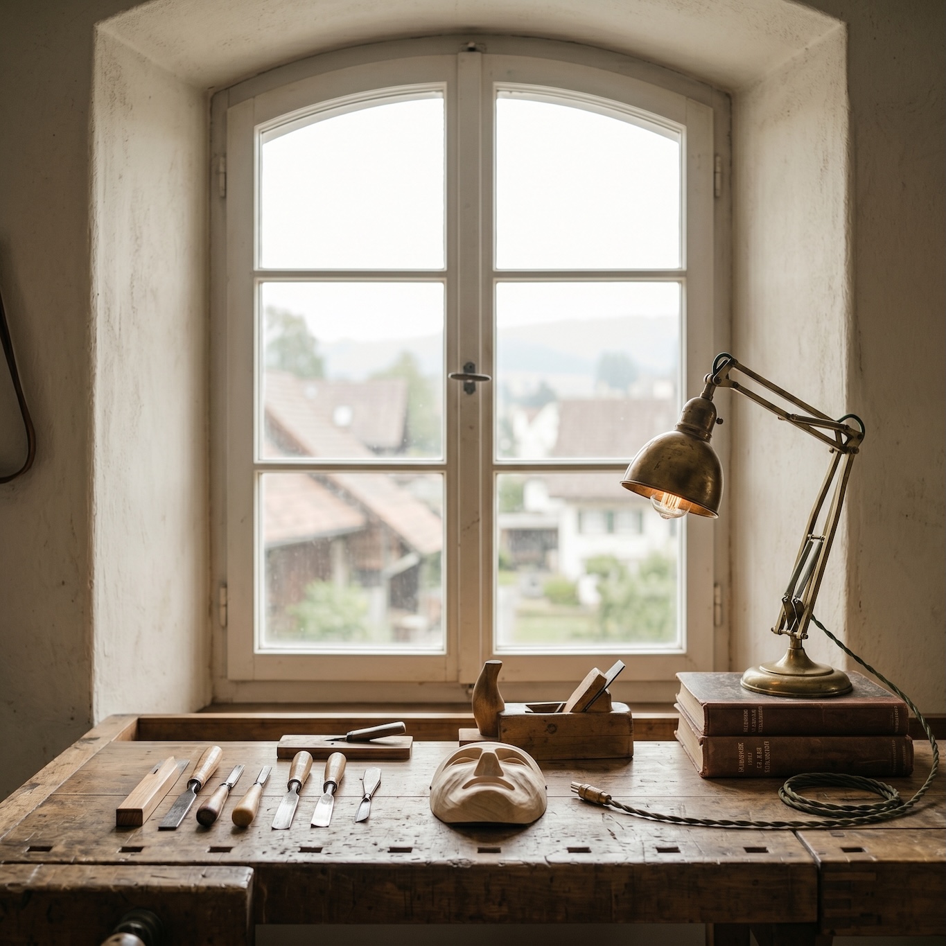 A craftsman's workbench with hand tools, books and a brass lamp beside an arched window.
