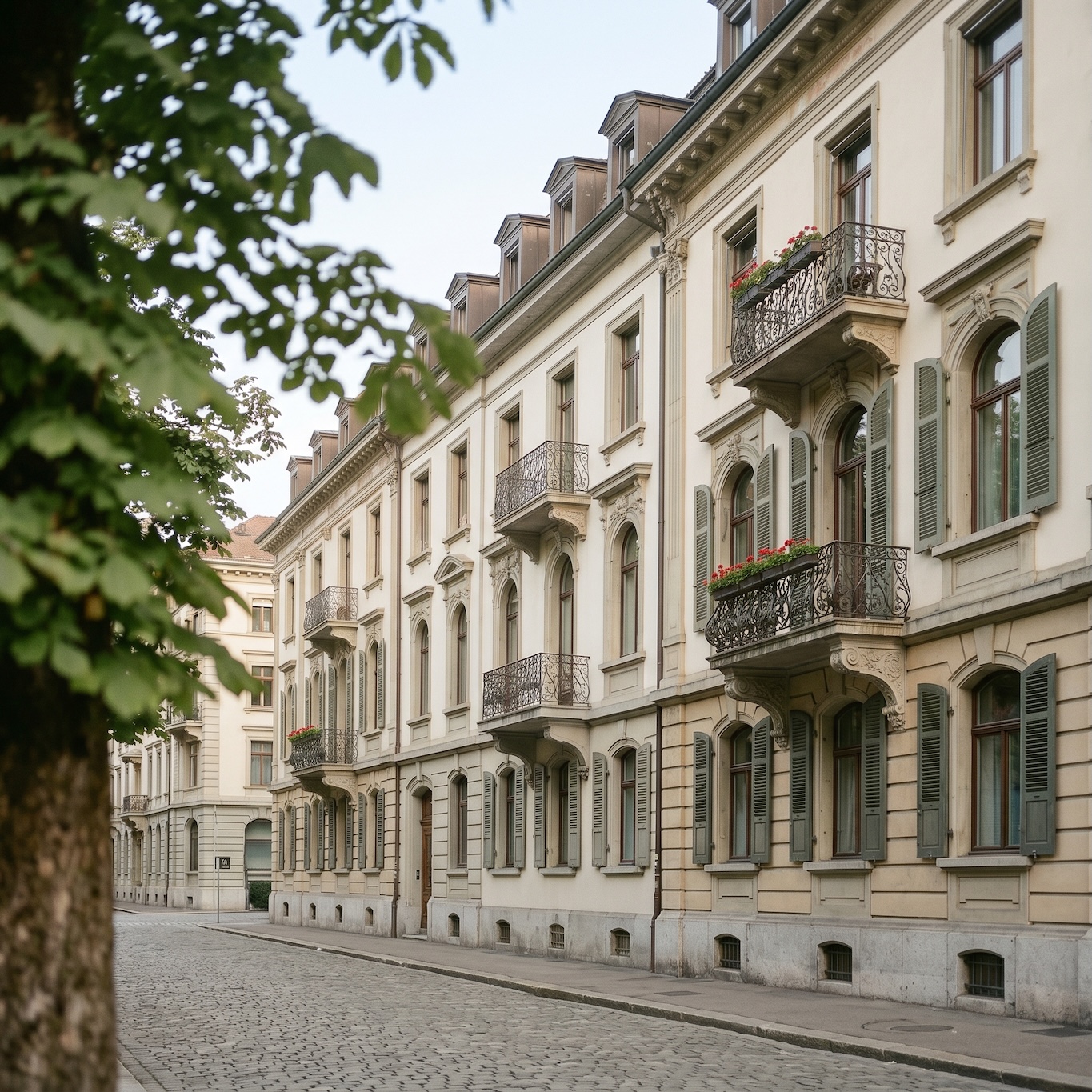 Quiet Swiss street lined with ornate facades and shuttered windows.