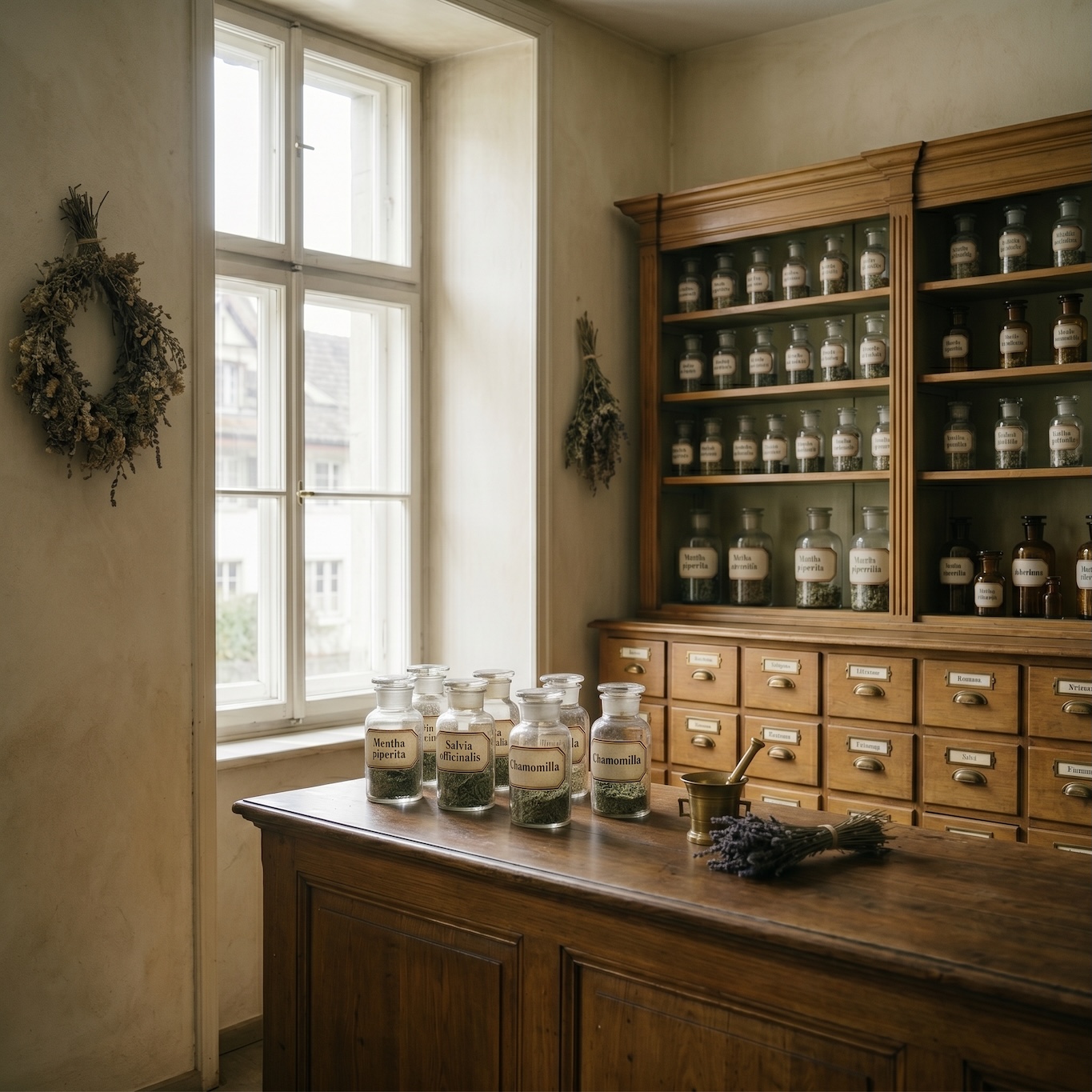 An old apothecary interior with labelled glass jars, dried herbs and timber cabinetry.